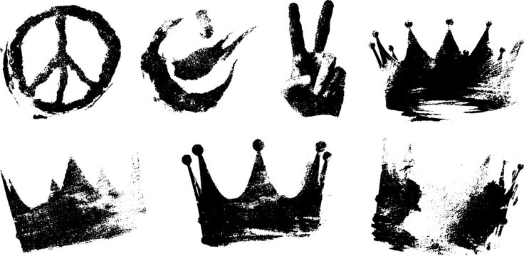 Black ink silhouette collection of rebellion symbols and crown designs