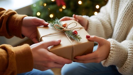 Close up of hands exchanging a beautifully wrapped christmas gift with festive decorations in front of a blurred holiday tree