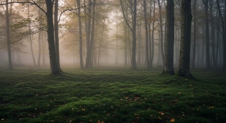 A misty forest scene with tall trees and a carpet of green grass. The colors are muted, dominated by greens, browns, and grays