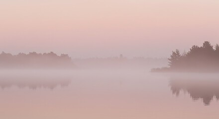 Obraz premium Misty lake at dawn with silhouetted trees reflected in the calm water under a soft pink sky.