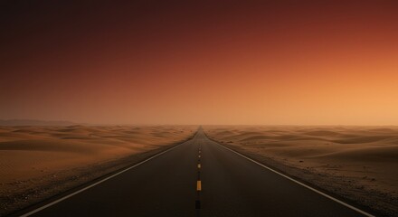 Fototapeta premium A straight asphalt road with a double yellow line cuts through vast desert dunes under a fiery orange and red sky.