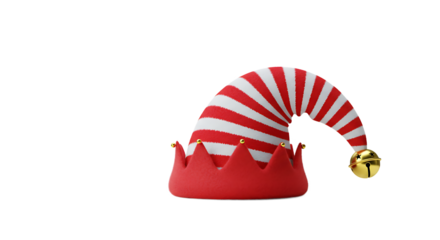 Red and White Striped Christmas Elf Hat with Gold Bell and Ornaments, Transparent Background