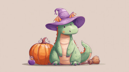 Naklejka premium Adorable Halloween cartoon of a green dragon wearing a purple magic hat. Broom, pumpkin, and potion. According to the Chinese calendar, this represents 2024. A legendary reptilian beast