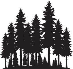 Fototapeta premium Vector art of a dense silhouette of various pine trees isolated on a transparent background