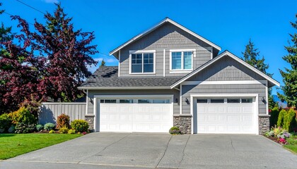 Beautiful two-story home with gray siding and meticulously landscaped yard