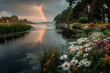 A rainbow arcing over a quiet river with flowers blooming along the bank