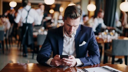 Man in restaurant looking at his phone. Male in dining suit is preparing to eat. Restaurant is a business with a smartphone. A man at a dining establishment is gazing at his phone lifestyle.