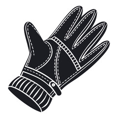 A stylized black and white graphic illustration of a single glove with detailed stitching and a buckle closure isolated on a white background