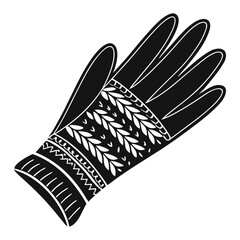 Black silhouette of a hand glove with intricate white folk art inspired patterns on the cuff and palm area isolated on a white background
