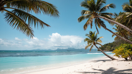 Fototapeta premium Tropical beach with palm trees and turquoise water, serene exotic island landscape, sunny vacation destination photography, perfect for travel, tourism, resort design, nature background, and summer pr
