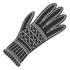 A black and white graphic illustration of a single glove with decorative patterns on the cuff and fingers presented on a plain white background