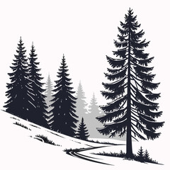Obraz premium Silhouette of a winding dirt road through a snowy evergreen forest with layered pine trees and distant mountains under a pale sky