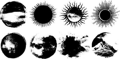 Artistic black ink sun and nature silhouette set for creative design projects