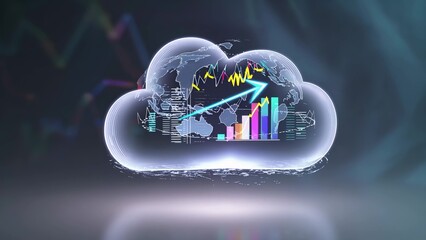 An image of cloud with graph and an arrow. Cloud analytics is a technology that enables the use of data in the cloud. Graphs and visualizations of futuristic graphs. A depiction of a cloud lifestyle.