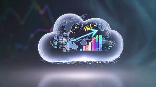 An image of cloud with graph and an arrow. Cloud analytics is a technology that enables the use of data in the cloud. Graphs and visualizations of futuristic graphs. A depiction of a cloud lifestyle.