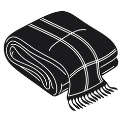 A folded plaid blanket with fringe detail presented as a simple black and white silhouette illustration perfect for cozy home decor and seasonal themes