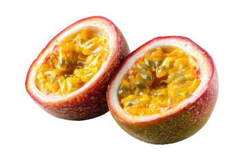 Two halves of a passion fruit, close-up.  The fruit's skin is a vibrant reddish-purple, with visible texture.  The interior is a bright yellow, filled with small, green-speckled seeds