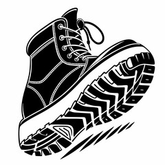 A black and white graphic illustration of a sturdy hiking boot with a thick treaded sole presented from a dynamic low angle emphasizing its rugged design and grip