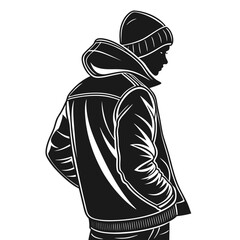 Stylized black and white silhouette of a person wearing a beanie and a hooded jacket with hands in pockets conveying a cool and casual urban vibe