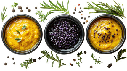 Three bowls with mustard sauce isolated on transparent background