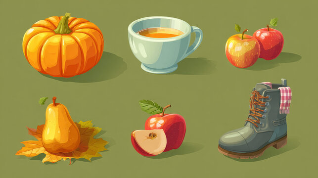 Concept set for October items. Fall and autumn. Apples, pumpkin, a tea cup, and a leafy boot. scooping up and harvesting. Isolated cartoon flat vector collection on a green backdrop