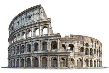 Obraz premium Exterior panoramic view of the Colosseum, an ancient amphitheater in Rome. Massive stone structure with arches and tiers, showing age and wear