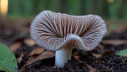 A mushroom growing in the forest. Closeup of fungi in a forest. Gills of nature in the damp soil outside. A fungus sprouting in the woods lifestyle.