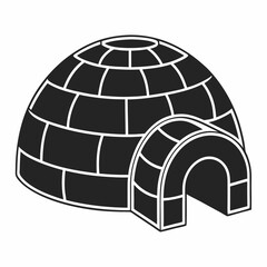 Simple black and white illustration of an igloo a dome shaped dwelling built from blocks of snow with a tunnel entrance