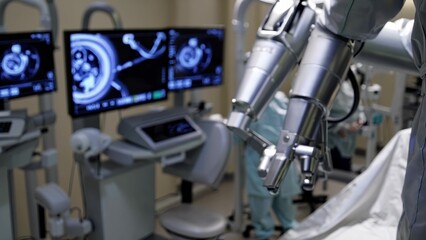 A robotic arm in a hospital. Robotics operating room with a robotic surgeon. Surgeons monitor the technology of the patient. A hospital's robotic arm lifestyle.
