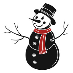 A charming cartoon snowman wearing a black top hat and a red striped scarf with stick arms and button details isolated on a white background