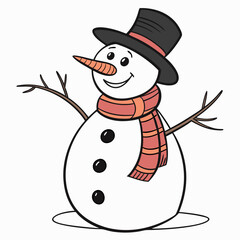 A cheerful cartoon snowman wearing a black top hat and a striped scarf with twig arms and a carrot nose standing on a white background