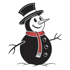 A cheerful black and white snowman wearing a top hat and a red scarf stands in the snow with twig arms outstretched