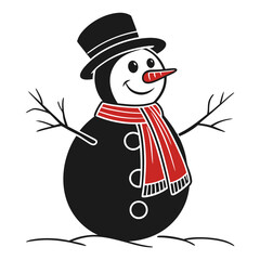 A cheerful cartoon snowman wearing a black top hat and a red striped scarf stands on snow with twig arms outstretched and a carrot nose