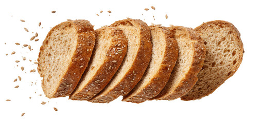 Slices of whole wheat bread, showing multiple slices, light brown color, with visible grains