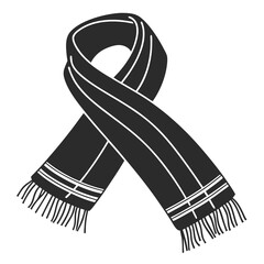 A stylized black and white graphic illustration of a scarf tied in a ribbon shape symbolizing awareness or support with fringed ends and subtle line details
