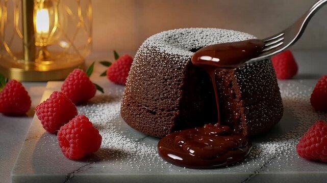 Decadent chocolate lava cake oozing warm fudge with fresh raspberries, a sweet indulgence.
