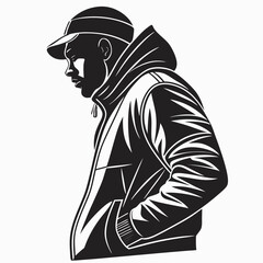 Stylized black and white illustration of a young man wearing a baseball cap and a hooded jacket with his hands in his pockets conveying a cool and casual urban vibe