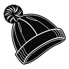 A simple black and white graphic illustration of a winter beanie hat with a pom pom on top perfect for cold weather and seasonal themes