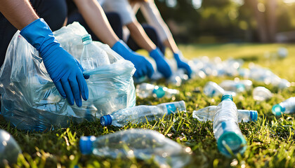 Hands in blue gloves pick up plastic bottles on vibrant green grass for biodegradable bag. Community members engage in park cleanup,