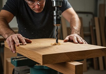 Skilled carpenter drilling a precise hole into a thick oak wood plank with a drill press in a busy workshop