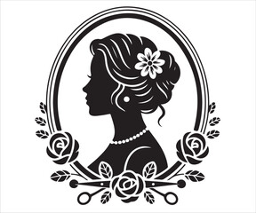Black silhouette cameo portrait of elegant woman in oval frame isolated on white background, vintage vector illustration symbolizing beauty, femininity, fashion, antique style, jewelry, and decorative