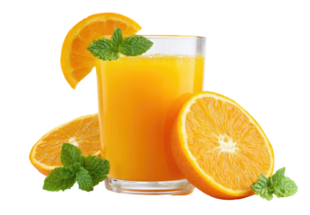 Fresh orange juice in a glass, garnished with orange slices and mint