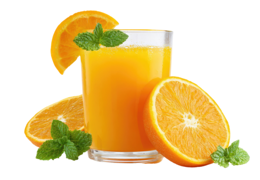 Fresh orange juice in a glass, garnished with orange slices and mint