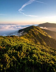 Obraz premium Mountain ridge above clouds at sunrise