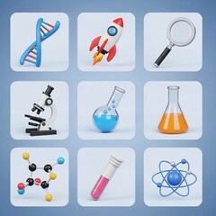 Science research lab equipment dna molecule atom rocket microscope flask test tube education learning concept