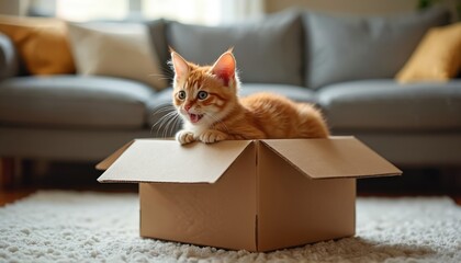 Playful ginger kitten with wide blue eyes and open mouth sits in cardboard box on plush rug. Soft sunlight illuminates cute domestic animal in cozy living room with blurred furniture background.