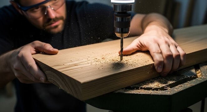Skilled Carpenter Drilling Wood Plank with Precision Drill Press in a Woodworking Workshop Environment - Powered by Adobe