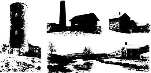 Obraz premium Vintage ink silhouette landscapes featuring historic structures and countryside