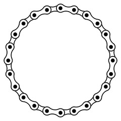 Circular bicycle chain frame forming a round border. Black and white vector illustration of bike chain links creating decorative frame with empty center space for text or design elements