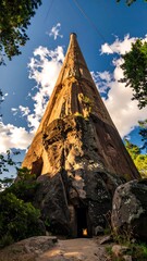 Tower structure amidst rocks and trees